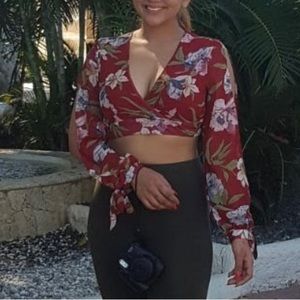 Floral Crop Top with Tie End Sleeves